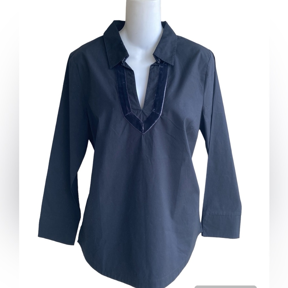 Vineyard Vines Black Velvet Trim Popover Collared Shirt Top Small NWT Cotton